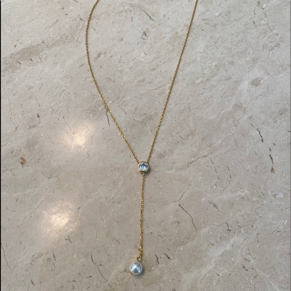 Sale $36 Firm! 14K Gold Plated Necklace with CZ & Faux Pearl - Picture 3 of 12